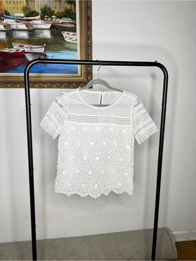 LOFT White Lace Short Sleeve Crochet Top